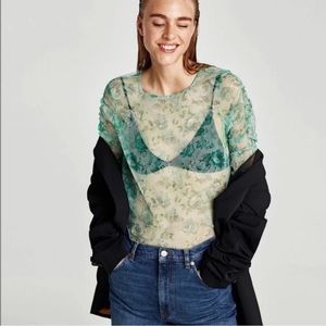 ZARA Green floral mesh/tulle top